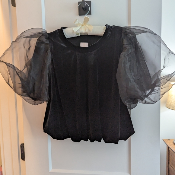 Maeve Tops - Maeve Black Sheer Puff Sleeve Blouse